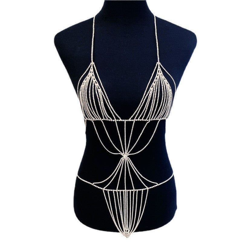 Exaggerated Rhinestone Body Chain Diamond Bra And Panties One Chain Set